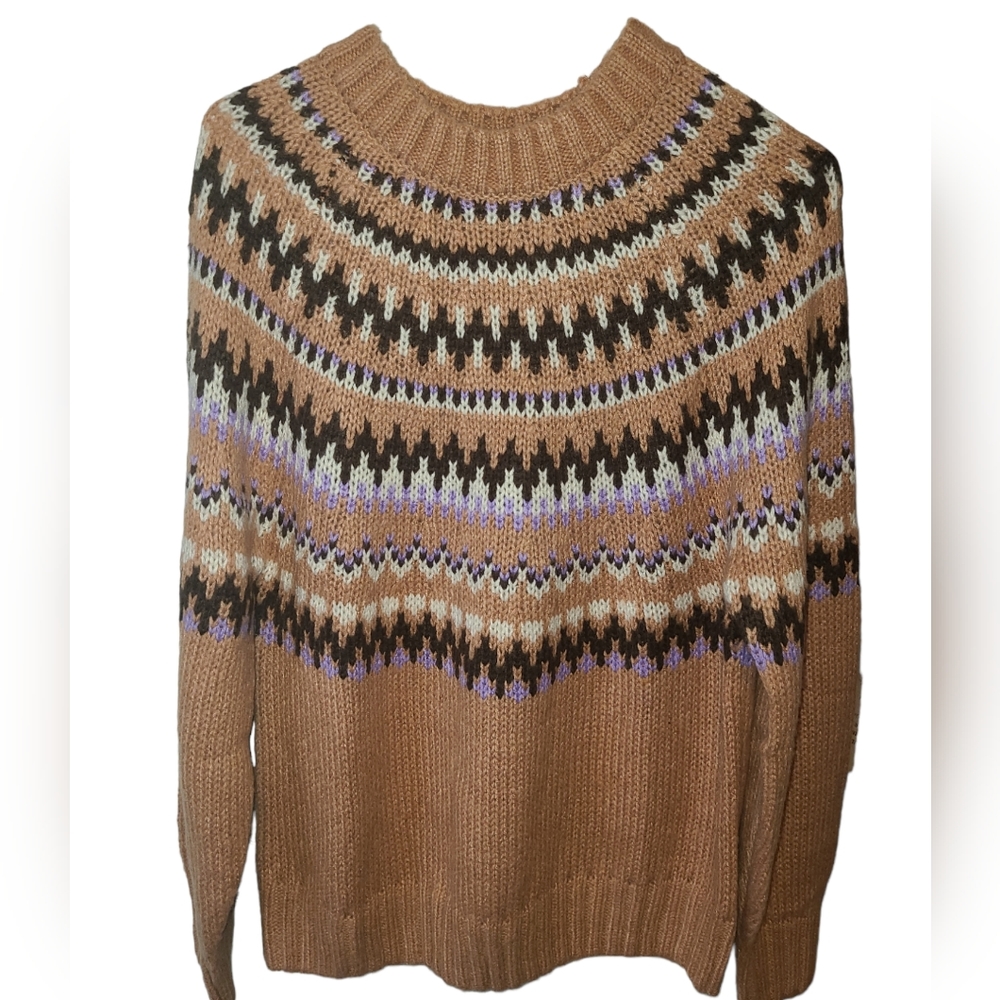 Love Tree Tan Fair Isle Crewneck Sweater with Purple & Cream Accents